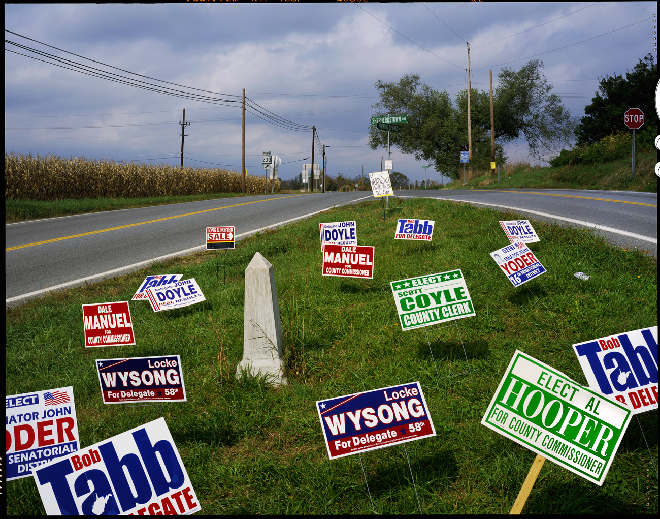Election signs and historical marker, Shepherdstown, West Virginia, 2004